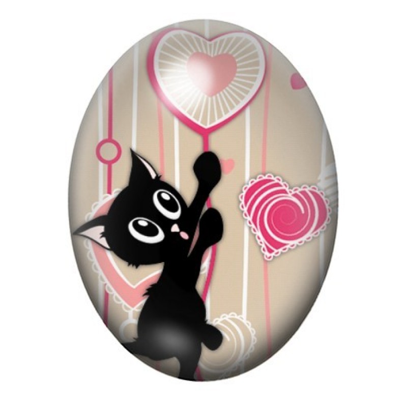 Cabochon en Verre Illustré Chat Noir aux Cœurs Roses 13x18, 18x25 ou 30x40mm