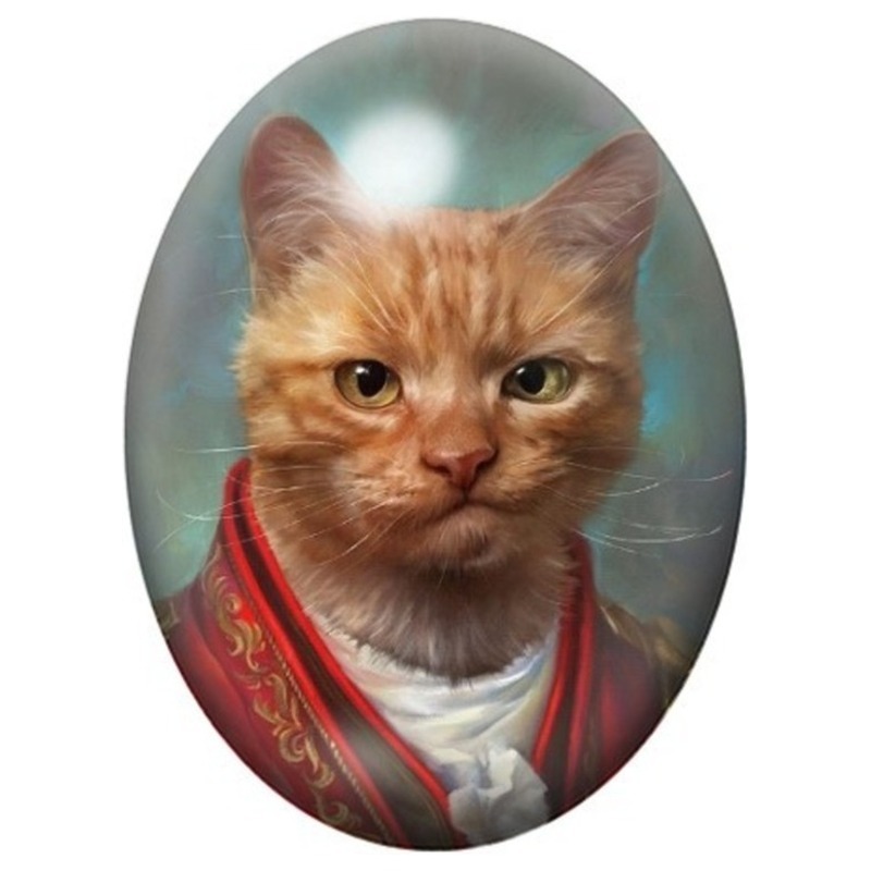 Cabochon en Verre Illustré Chat Roux en Habit Rouge 13x18, 18x25 ou 30x40mm