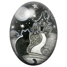 Cabochon en Verre Illustré Chat Noir au Château Lunaire 13x18, 18x25 ou 30x40mm pour la création de bijoux fantaisie - DIY