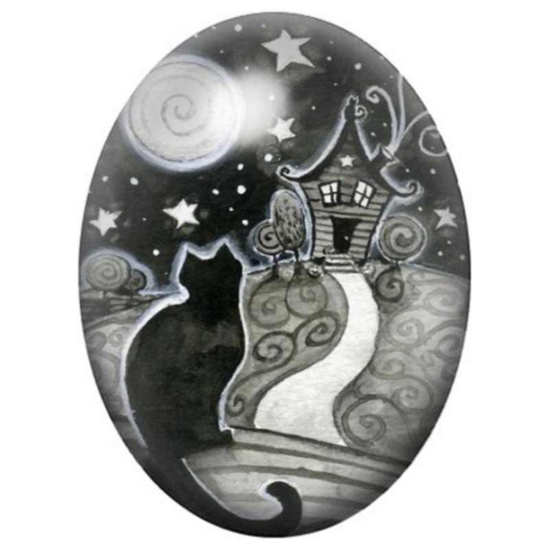 Cabochon en Verre Illustré Chat Noir au Château Lunaire 13x18, 18x25 ou 30x40mm