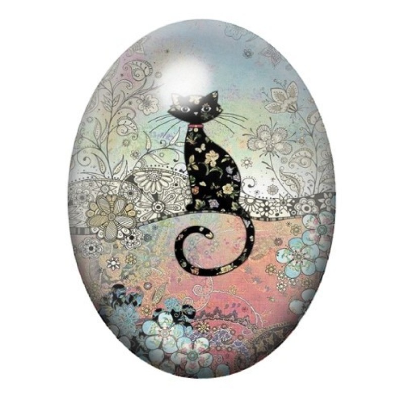 Cabochon en Verre Illustré Chat Fleuri 13x18, 18x25 ou 30x40mm