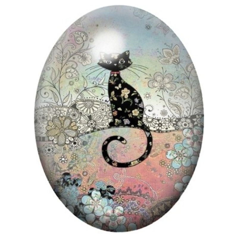 Cabochon en Verre Illustré Chat Noir dans un Jardin Pastel 13x18, 18x25 ou 30x40mm