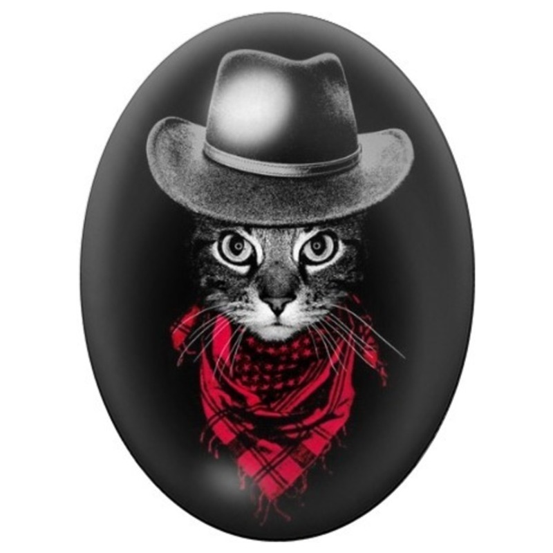 Cabochon en Verre Illustré Chat Cowboy au Foulard Rouge 13x18, 18x25 ou 30x40mm