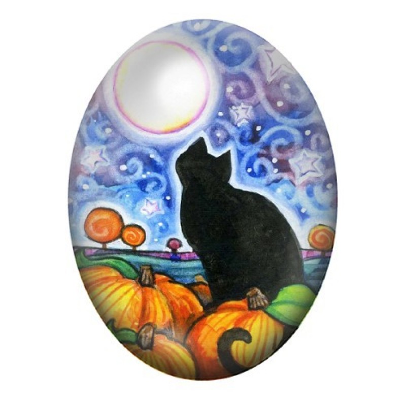 Cabochon en Verre Illustré Chat Lune 13x18, 18x25 ou 30x40mm