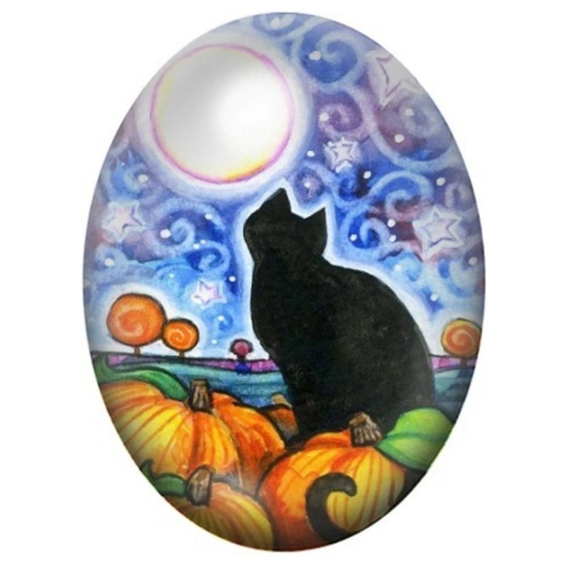 Cabochon en Verre Illustré Chat Noir et Citrouilles sous la Lune 13x18, 18x25 ou 30x40mm