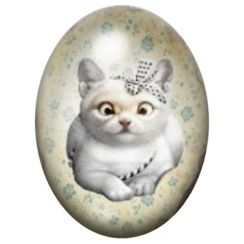 Cabochon en Verre Illustré Chaton Blanc à la Couronne 13x18, 18x25 ou 30x40mm