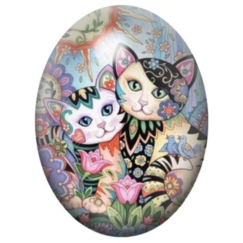 Cabochon en Verre Illustré Couple de Chats au Jardin Fleuri 13x18, 18x25 ou 30x40mm