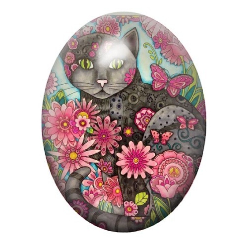 Cabochon en Verre Illustré Chat Fleuri 13x18, 18x25 ou 30x40mm