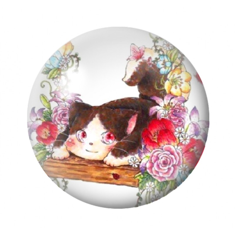 Cabochon en Verre Illustré Chat Fleuri 12 à 25mm