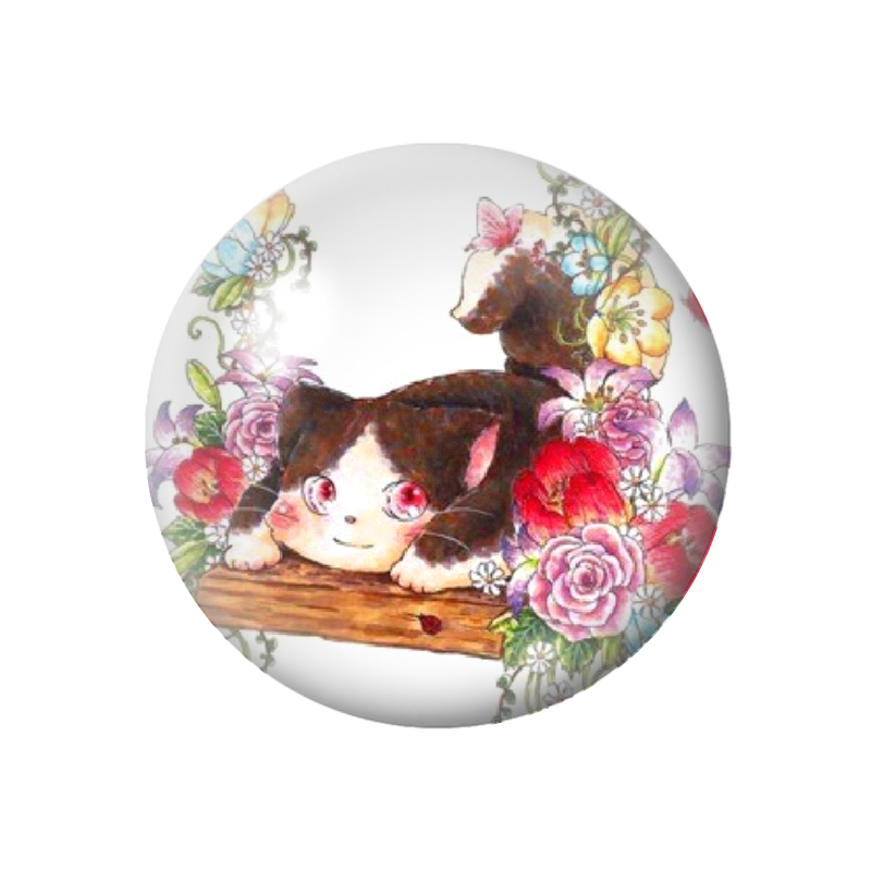 Cabochon en Verre Illustré Chat Fleuri 12 à 25mm