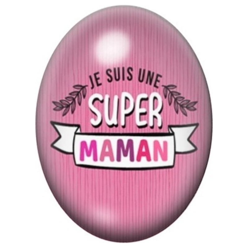 Cabochon en Verre Illustré Super Maman sur Fond Rose 13x18 ou 18x25mm