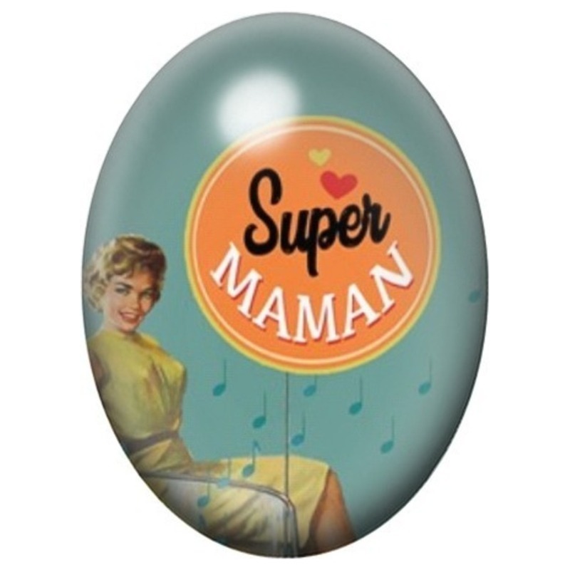Cabochon en Verre Illustré Super Maman Rétro 13x18 ou 18x25mm