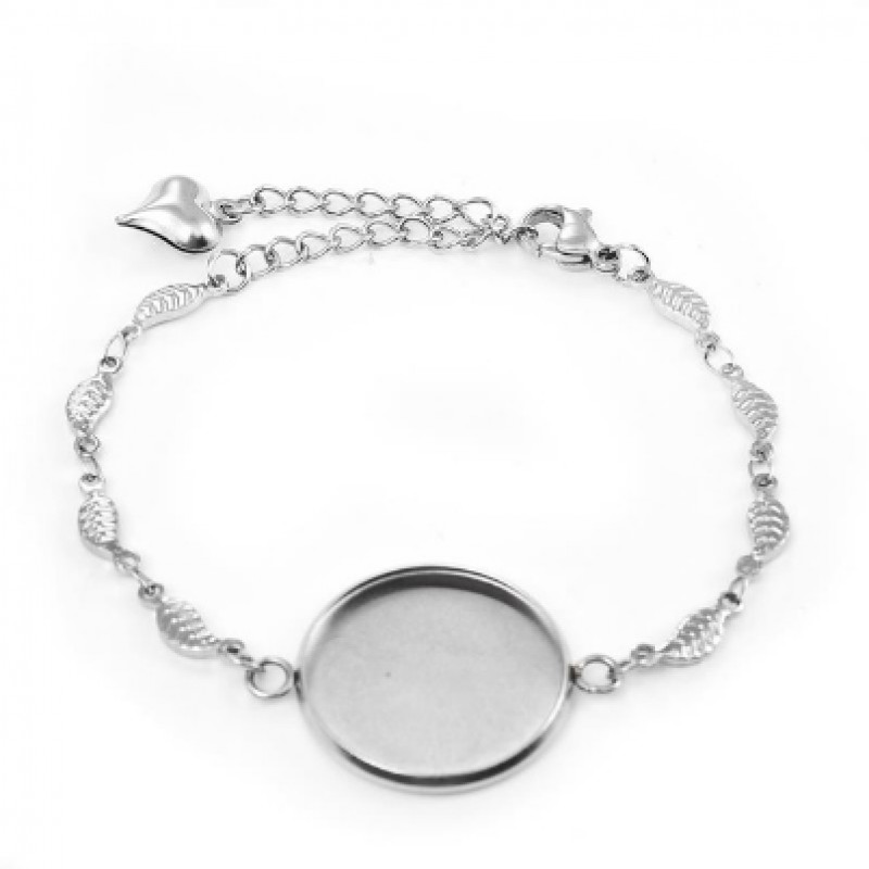 Support Bracelet Feuilles Argenté en Acier Inoxydable pour Cabochon 20mm