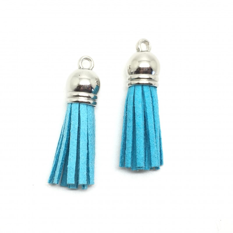 2 Breloques Pompons en Suédine Gland Argenté 40mm