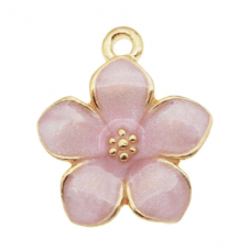 2 Breloques Fleur Émail Rose Métal Doré 17x15mm