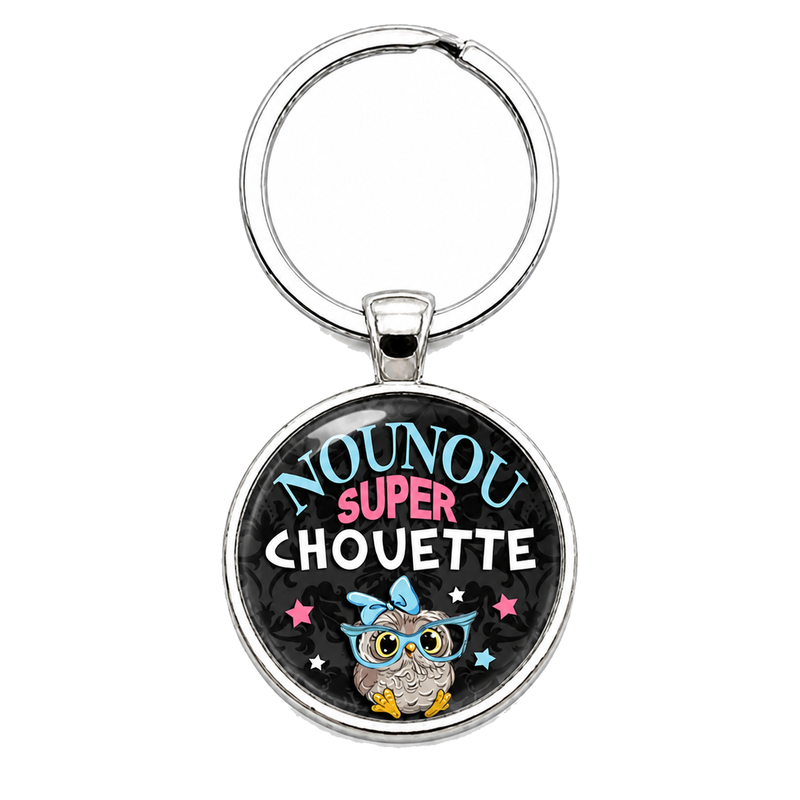 Porte-clé "Nounou Super Chouette" Noir Cadeau de Fin d’Année d’École