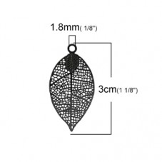 4 Breloques Feuille Estampe Filigrane en Métal Noir 30x16mm