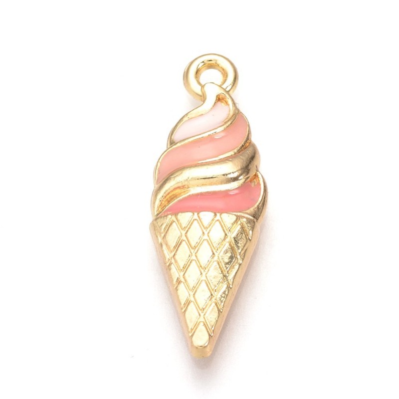 2 Breloques Glace Émail Rose Métal Doré 25x8mm