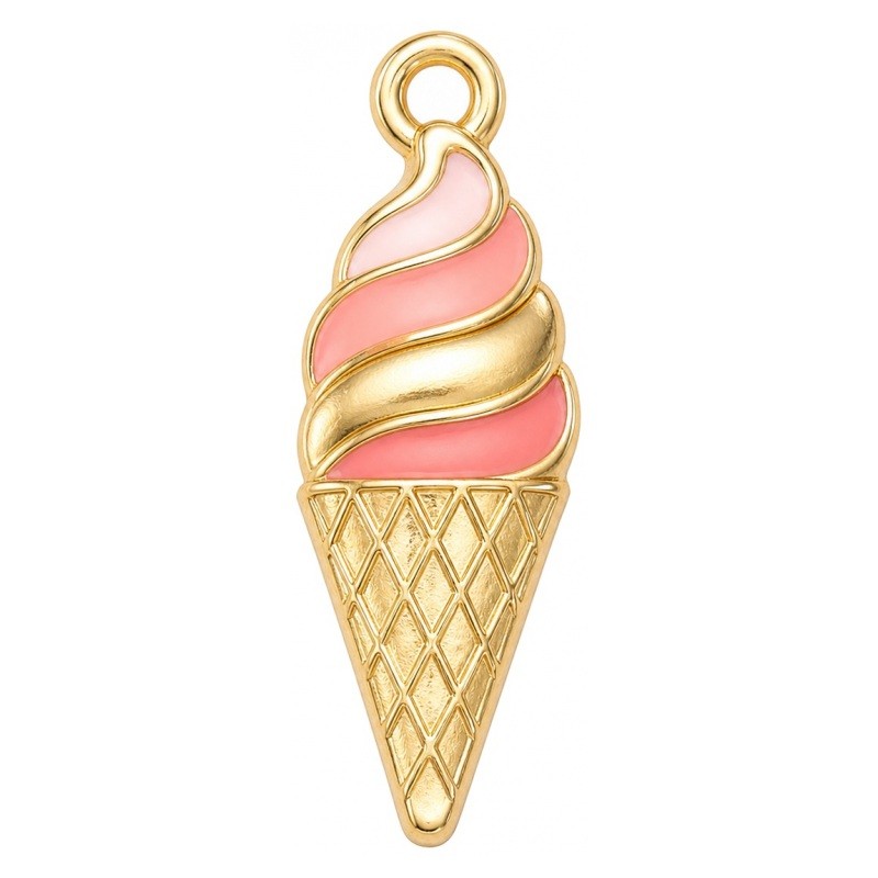 2 Breloques Glace Émail Rose Métal Doré 25x8mm