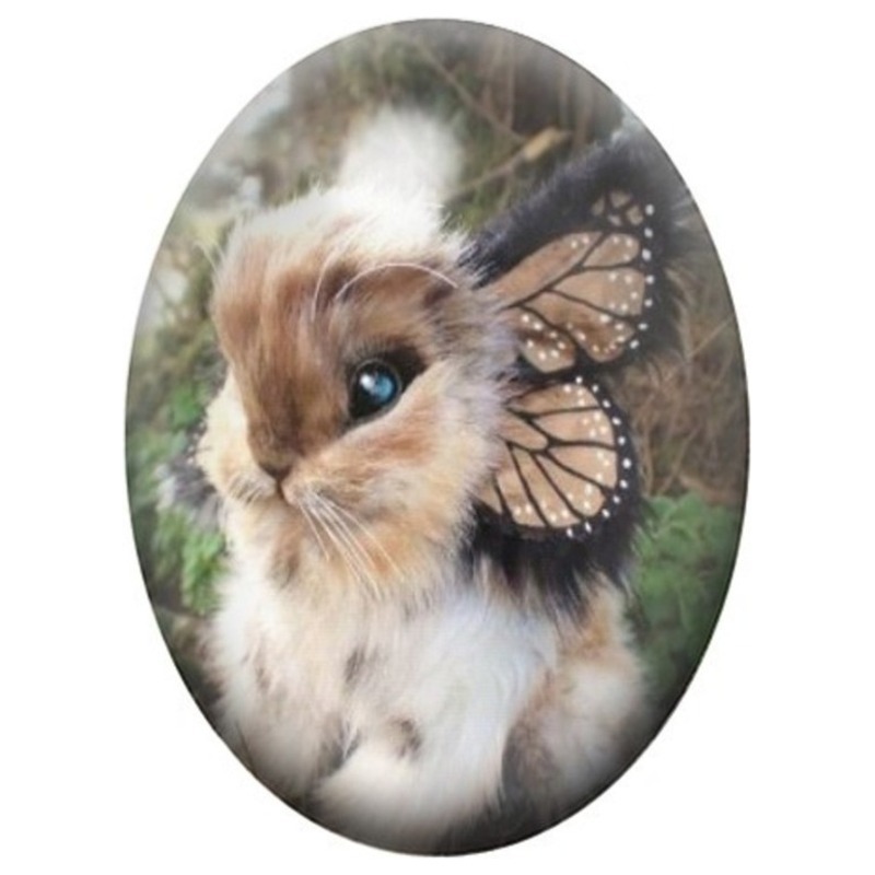 Cabochon en Verre Illustré Lapin aux Ailes de Papillon 13x18, 18x25 ou 30x40mm