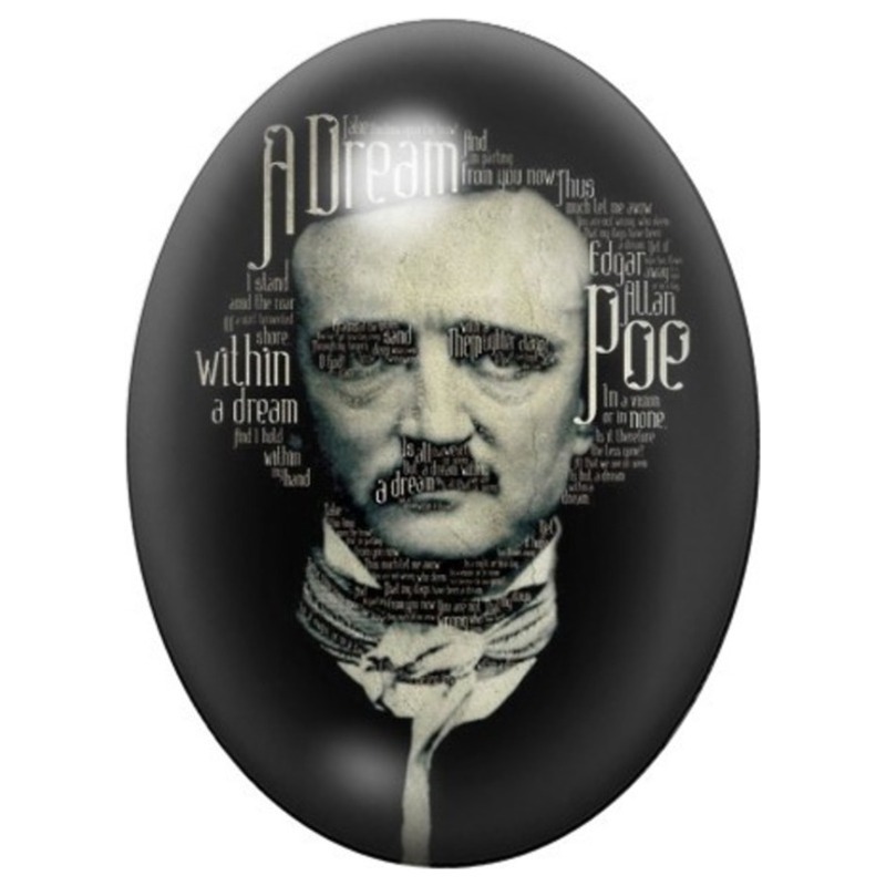 Cabochon en Verre Illustré Edgar Allan Poe et Ses Mots 13x18, 18x25 ou 30x40mm