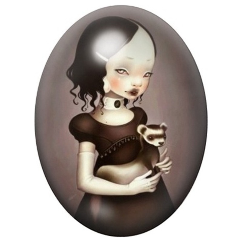 Cabochon en Verre Illustré Fille Étrange à la Poupée 13x18, 18x25 ou 30x40mm