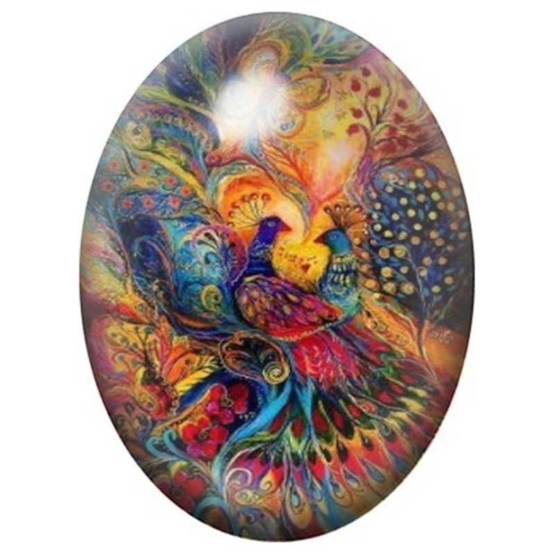 Cabochon en Verre Illustré Paon Baroque Multicolore 13x18, 18x25 ou 30x40mm