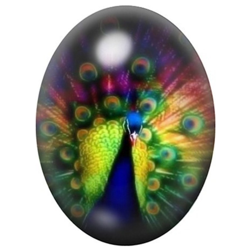 Cabochon en Verre Illustré Paon à la Roue Lumineuse 13x18, 18x25 ou 30x40mm