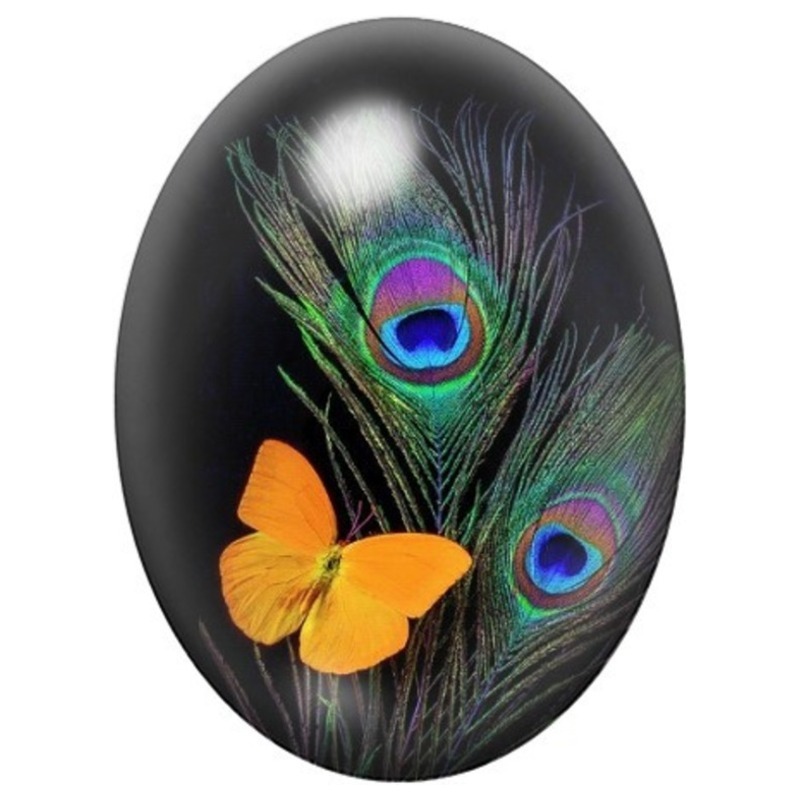 Cabochon en Verre Illustré Papillon Orange et Plumes de Paon 13x18, 18x25 ou 30x40mm