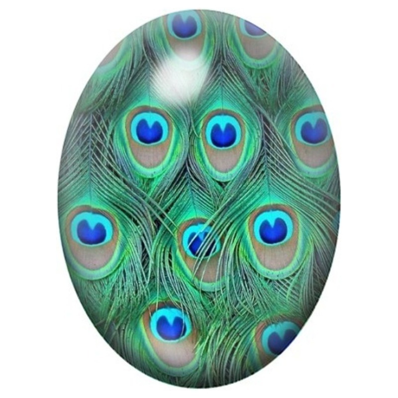 Cabochon en Verre Illustré Éventail de Plumes de Paon 13x18, 18x25 ou 30x40mm