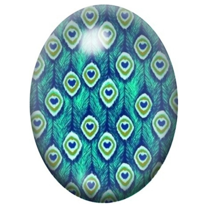 Cabochon en Verre Illustré Plumes de Paon Vert Émeraude 13x18, 18x25 ou 30x40mm