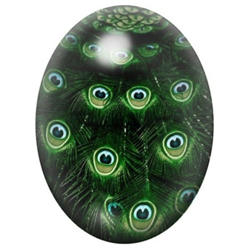 Cabochon en Verre Illustré Plumes de Paon Vert Profond 13x18, 18x25 ou 30x40mm