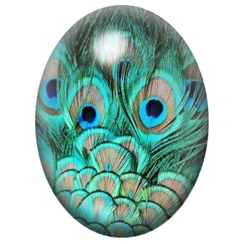 Cabochon en Verre Illustré Plumes de Paon Turquoise 13x18, 18x25 ou 30x40mm