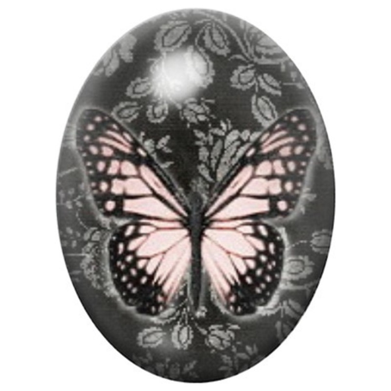 Cabochon en Verre Illustré Papillon Rose sur Dentelle 13x18, 18x25 ou 30x40mm
