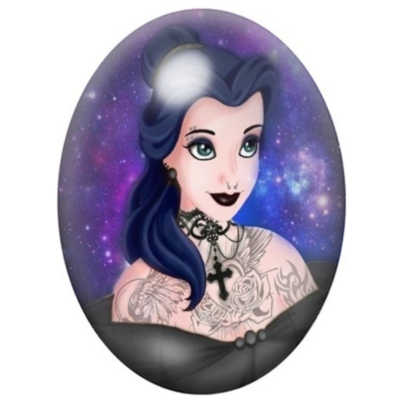 Cabochon en Verre Illustré Belle Gothique aux Cheveux Bleus 13x18, 18x25 ou 30x40mm