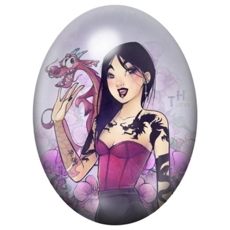 Cabochon en Verre Illustré Mulan Gothique au Dragon 13x18, 18x25 ou 30x40mm