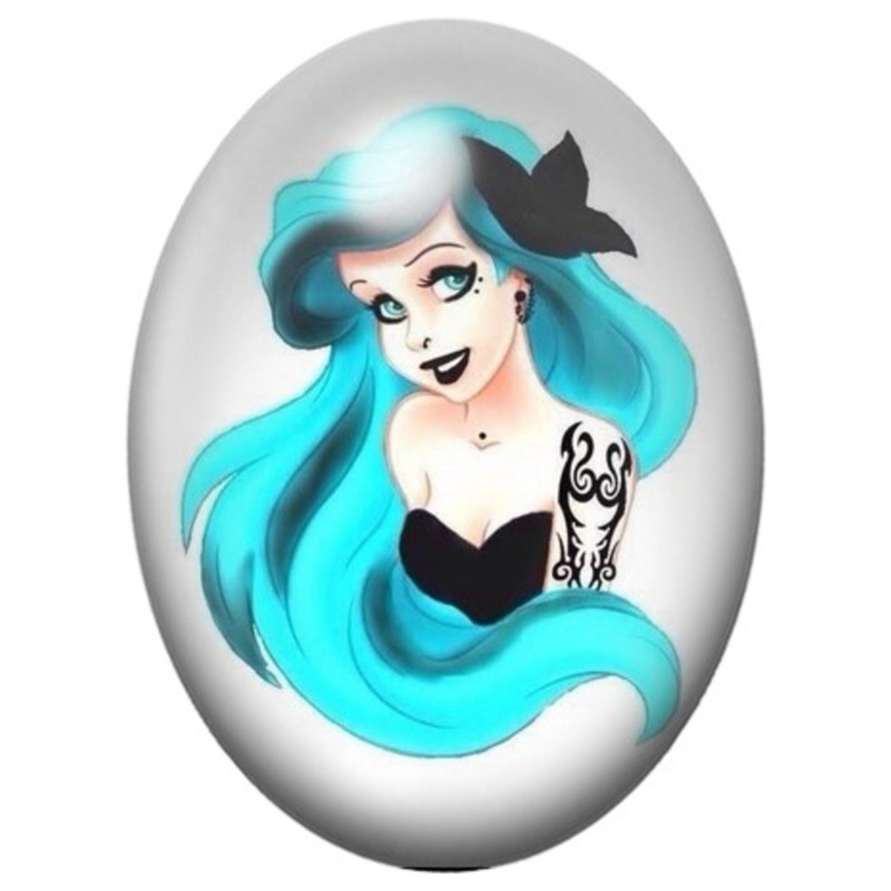 Cabochon en Verre Illustré Princesse Rock aux Cheveux Turquoise 13x18, 18x25 ou 30x40mm