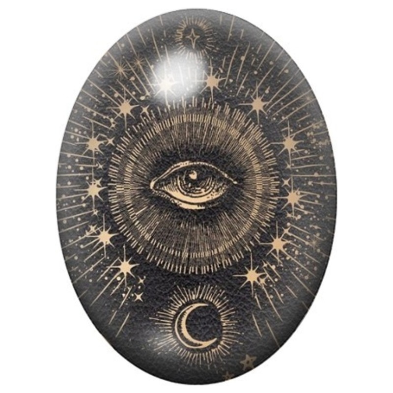Cabochon en Verre Illustré Œil Mystique et Lune Dorée 13x18, 18x25 ou 30x40mm
