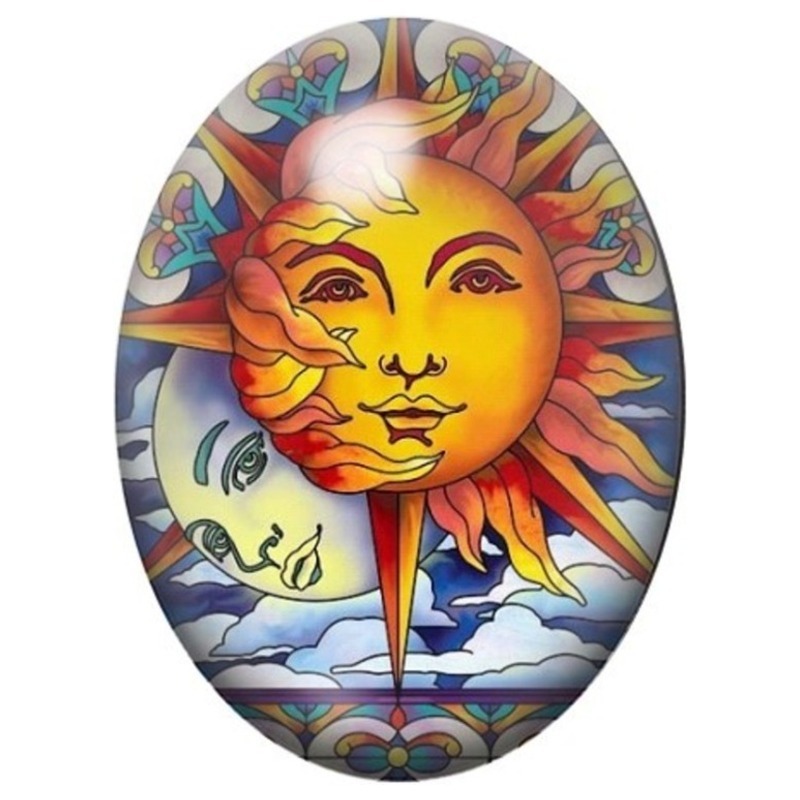 Cabochon en Verre Illustré Soleil et Lune Entrelacés 13x18, 18x25 ou 30x40mm
