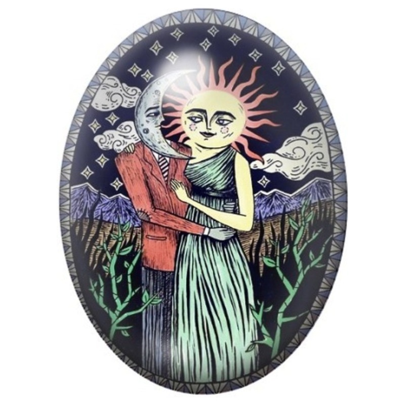 Cabochon en Verre Illustré Soleil et Lune en Étreinte 13x18, 18x25 ou 30x40mm