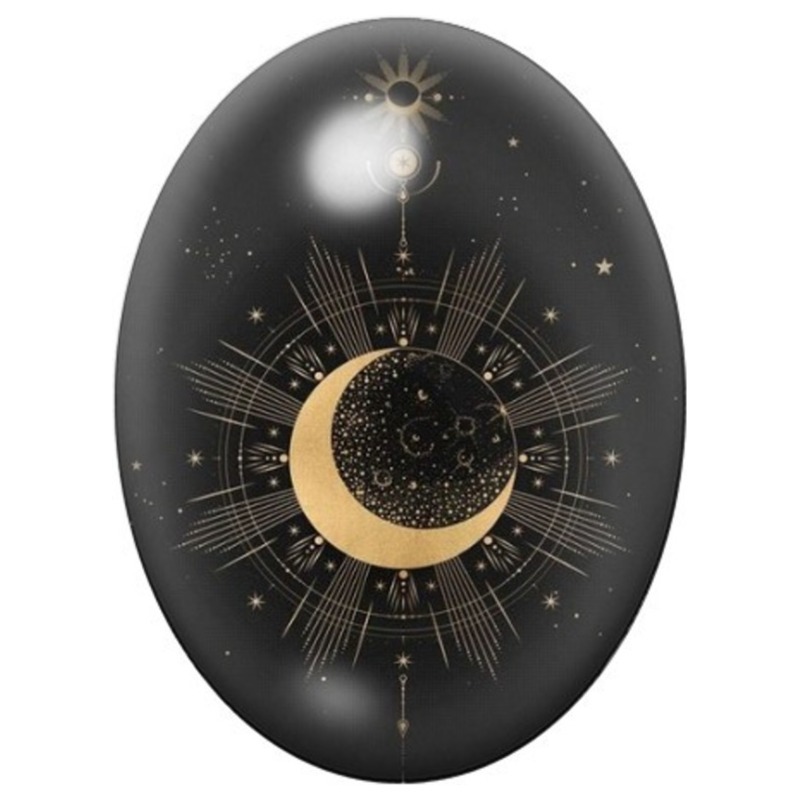 Cabochon en Verre Illustré Croissant de Lune Doré 13x18, 18x25 ou 30x40mm