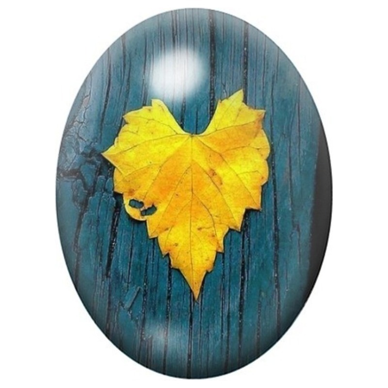 Cabochon en Verre Illustré Feuille d’Automne sur Bois Bleu 13x18, 18x25 ou 30x40mm