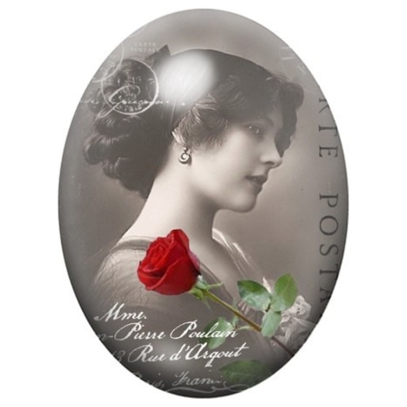 Cabochon en Verre Illustré Femme Vintage à la Rose Rouge 13x18, 18x25 ou 30x40mm