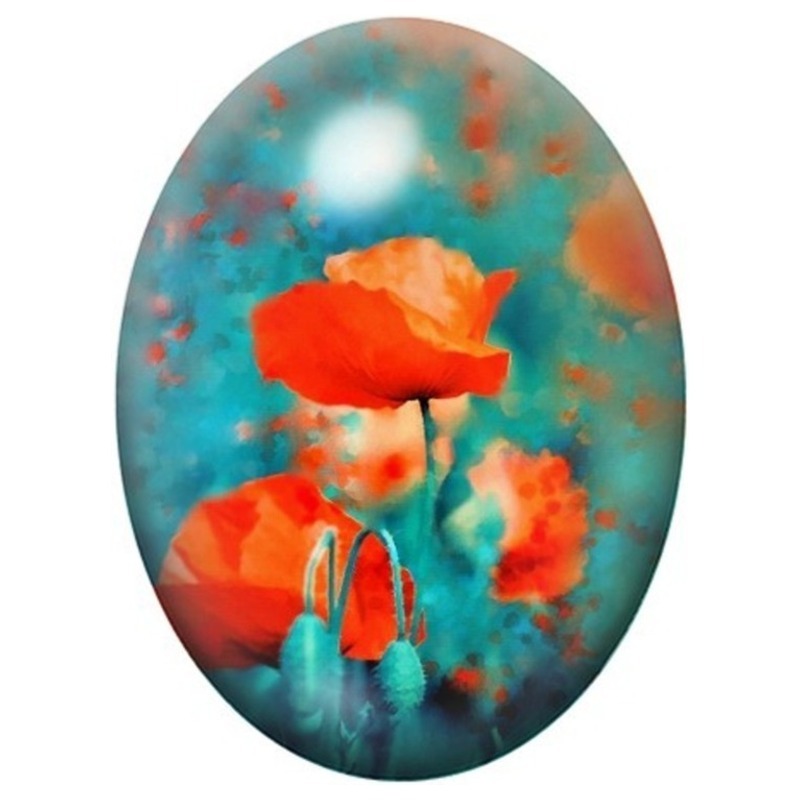 Cabochon en Verre Illustré Coquelicots Orange et Turquoise 13x18, 18x25 ou 30x40mm