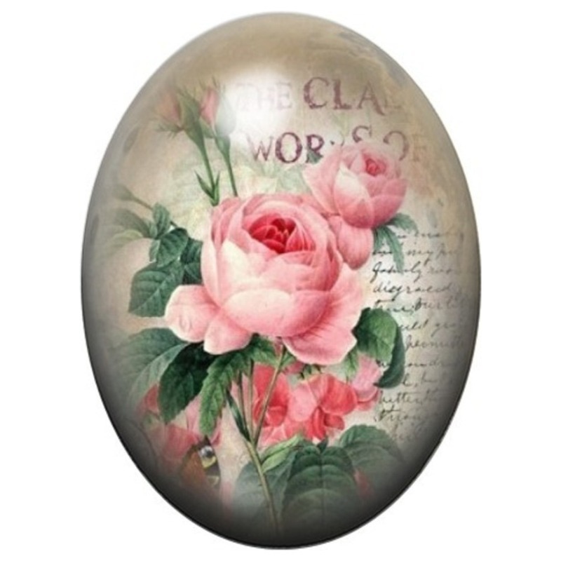 Cabochon en Verre Illustré Roses Anciennes et Écriture Vintage 13x18, 18x25 ou 30x40mm