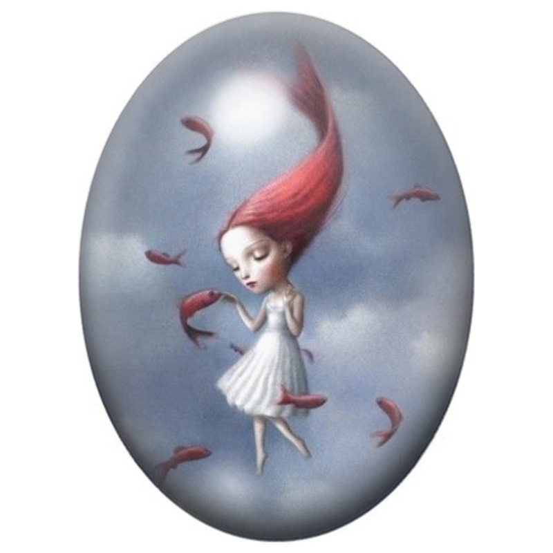 Cabochon en Verre Illustré Fée aux Cheveux Rouges 13x18, 18x25 ou 30x40mm