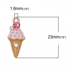 2 Breloques Glace Émail Rose Métal Doré Strass 23x10mm