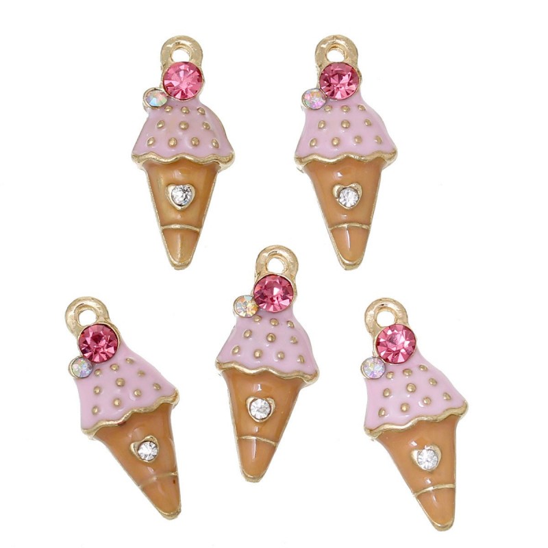 2 Breloques Glace Émail Rose Métal Doré Strass 23x10mm