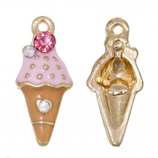 2 Breloques Glace Émail Rose Métal Doré Strass 23x10mm
