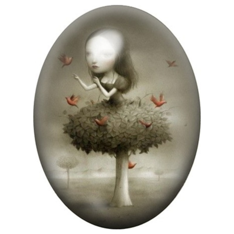 Cabochon en Verre Illustré Fille Arbre aux Oiseaux 13x18, 18x25 ou 30x40mm